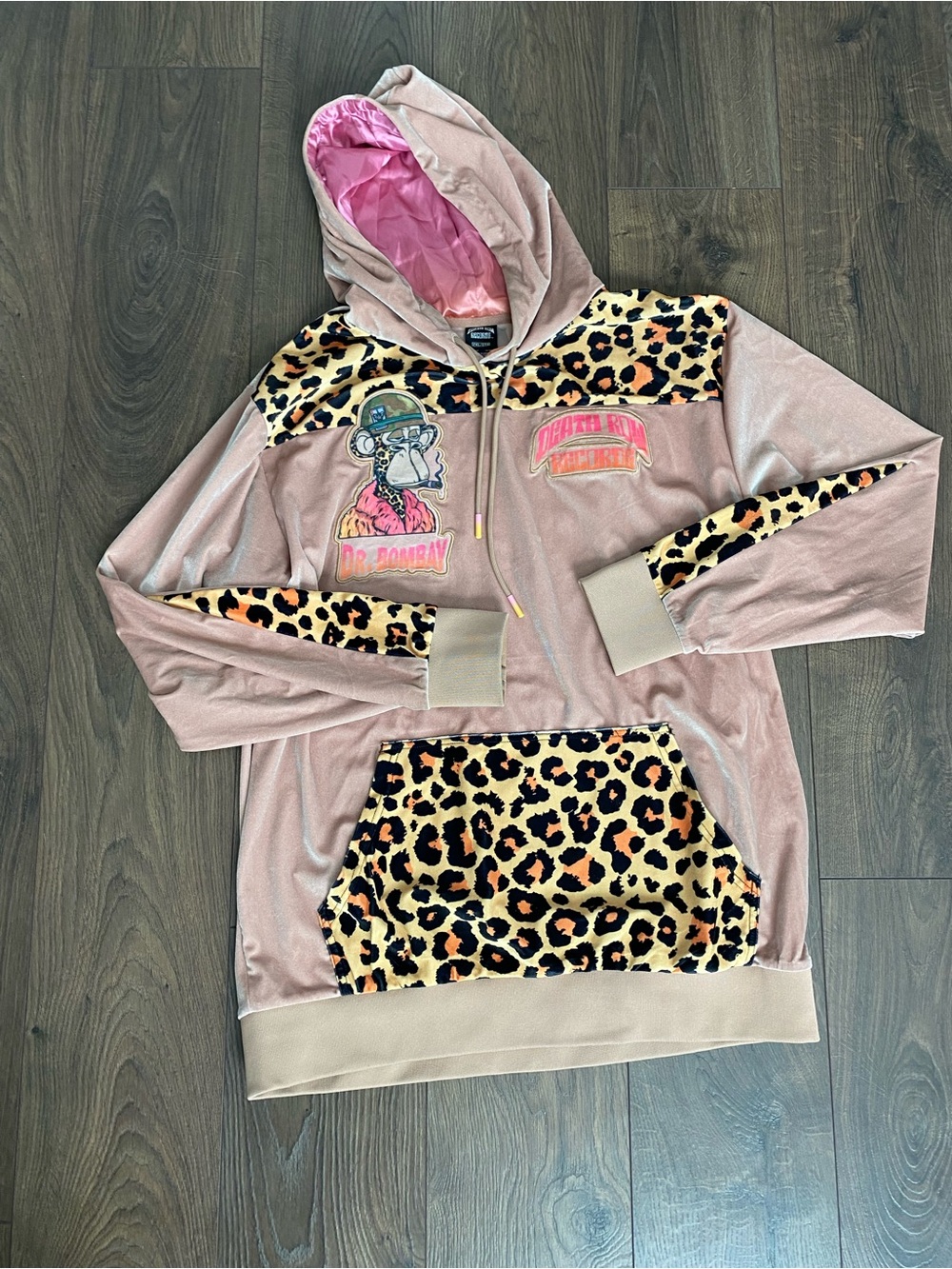 Death Row Records Leopard Panel Tan Velour Hoodie with Graphic Appliqué